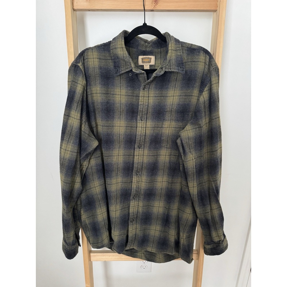 Foundry Flannel Button Down Shirt Mens XLT Plaid Long Sleeve Plaid Olive (B2) - Picture 1 of 3